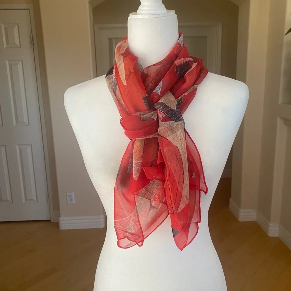 Vibrant Red Leaf Patterned Scarf Sarong Wrap